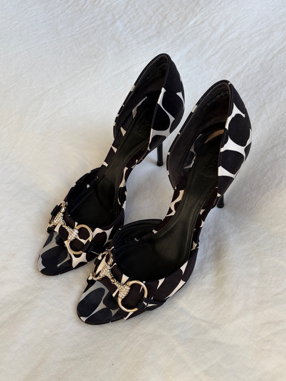 Vintage Gucci Crystal Horsebit Satin Open Peep Toe Heels Black White Spot Print